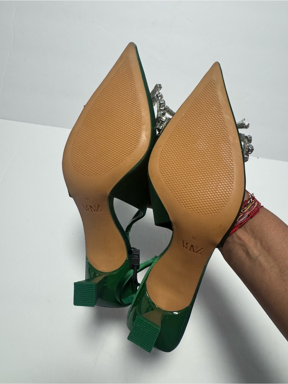 Zara Emerald Satin Pointed Slingback Heels with Crystal Bow Size 38 New w/ Tags - Picture 7 of 7